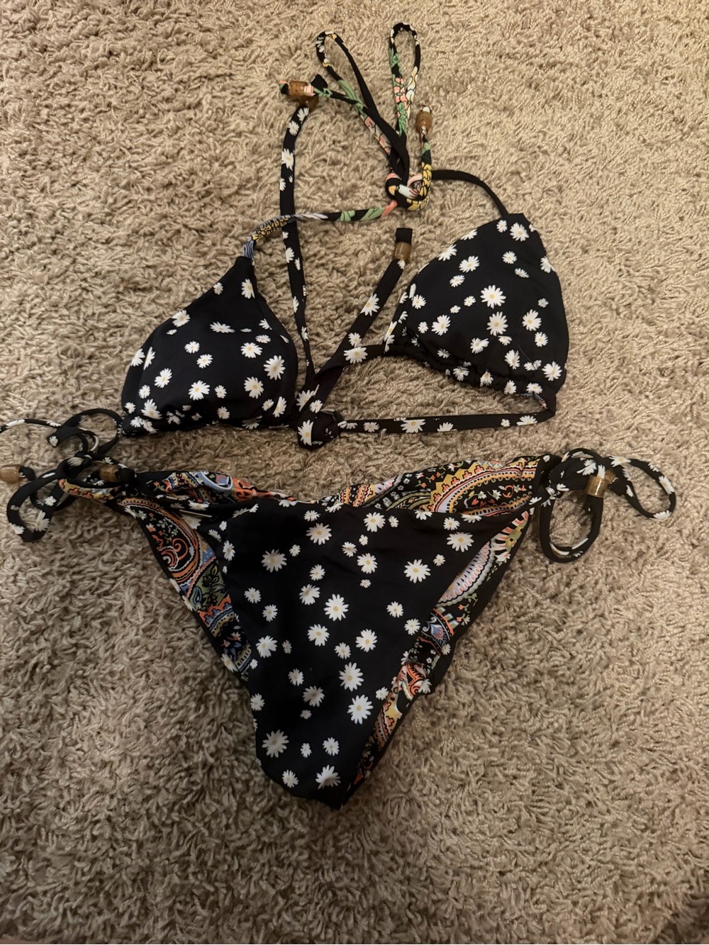 Maaji Black Floral & Paisley Tie Bikini with Daisies (reversible!) - Picture 2 of 2